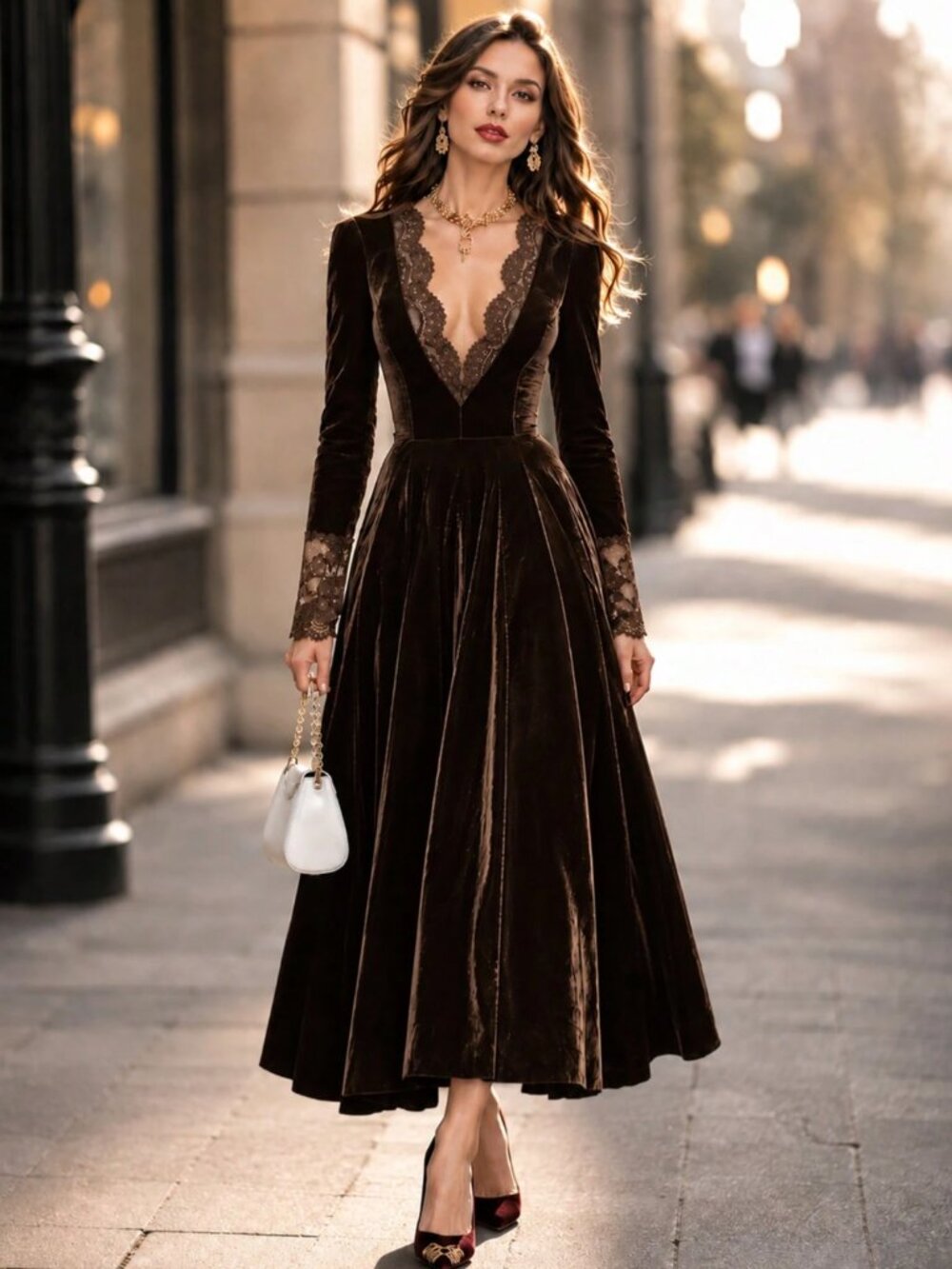 Brown Velvet Midi Dress – Plunging Scalloped Lace V-Neck Long Sleeve